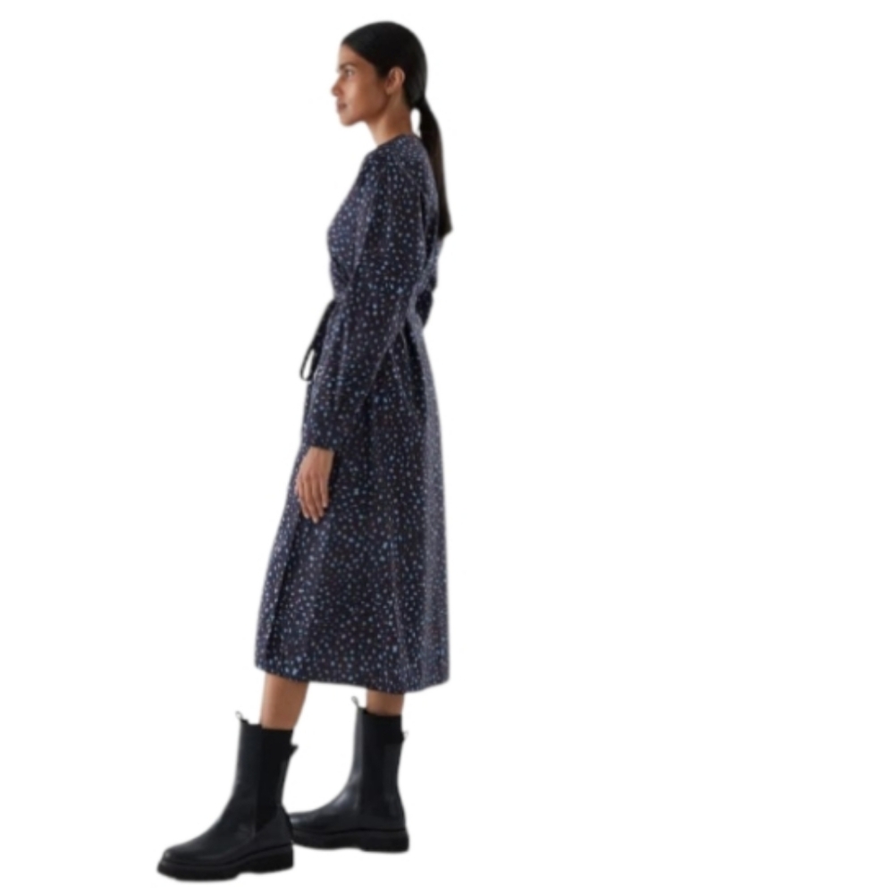 COS Printed Wrap Midi Dress Cotton Blend Long Sleeve Womens Size XS Dark Navy